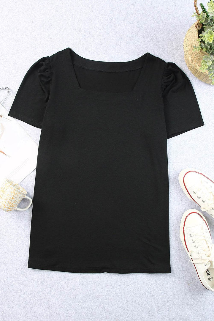 Black Plus Size Square Neck Ruched Shoulder Short Sleeve Top - Fashion Queen -  17