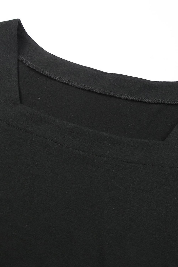 Black Plus Size Square Neck Ruched Shoulder Short Sleeve Top - Fashion Queen -  23