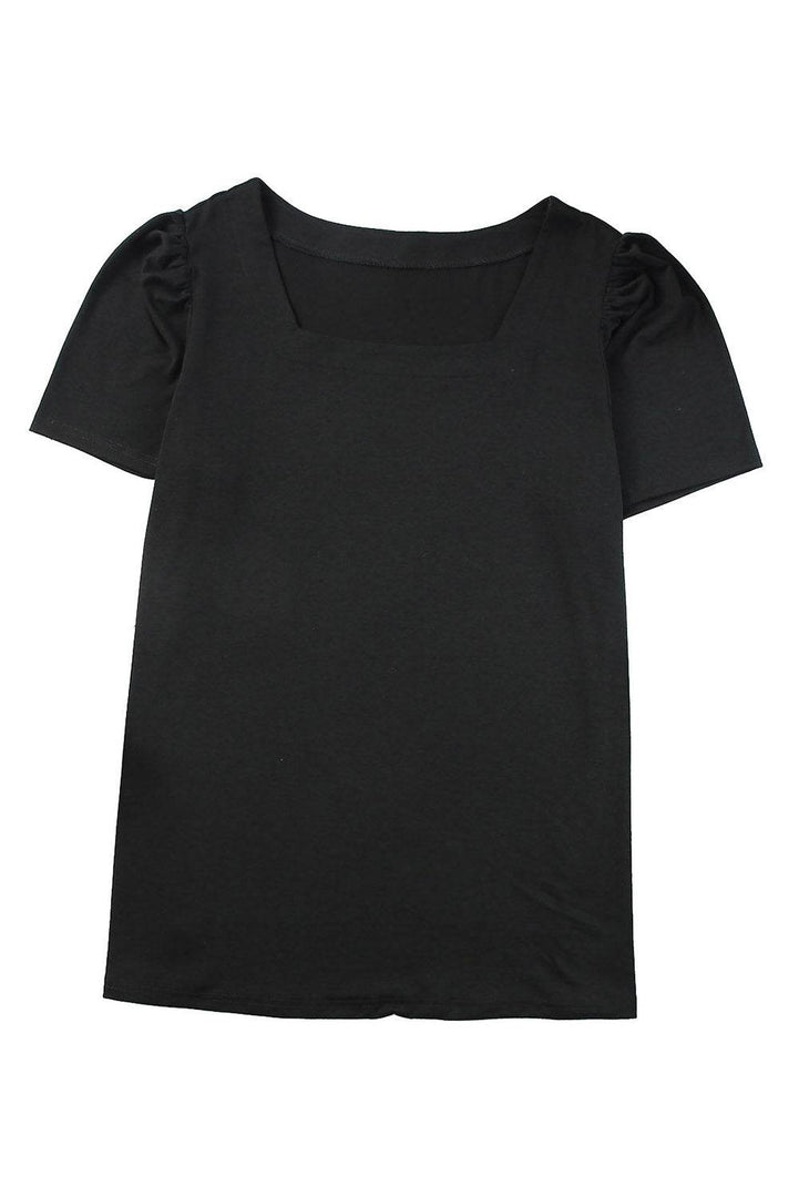 Black Plus Size Square Neck Ruched Shoulder Short Sleeve Top - Fashion Queen -  24