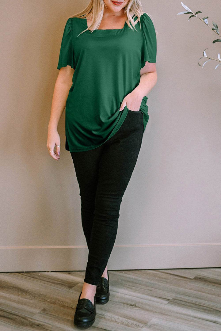 Black Plus Size Square Neck Ruched Shoulder Short Sleeve Top - Fashion Queen -  26