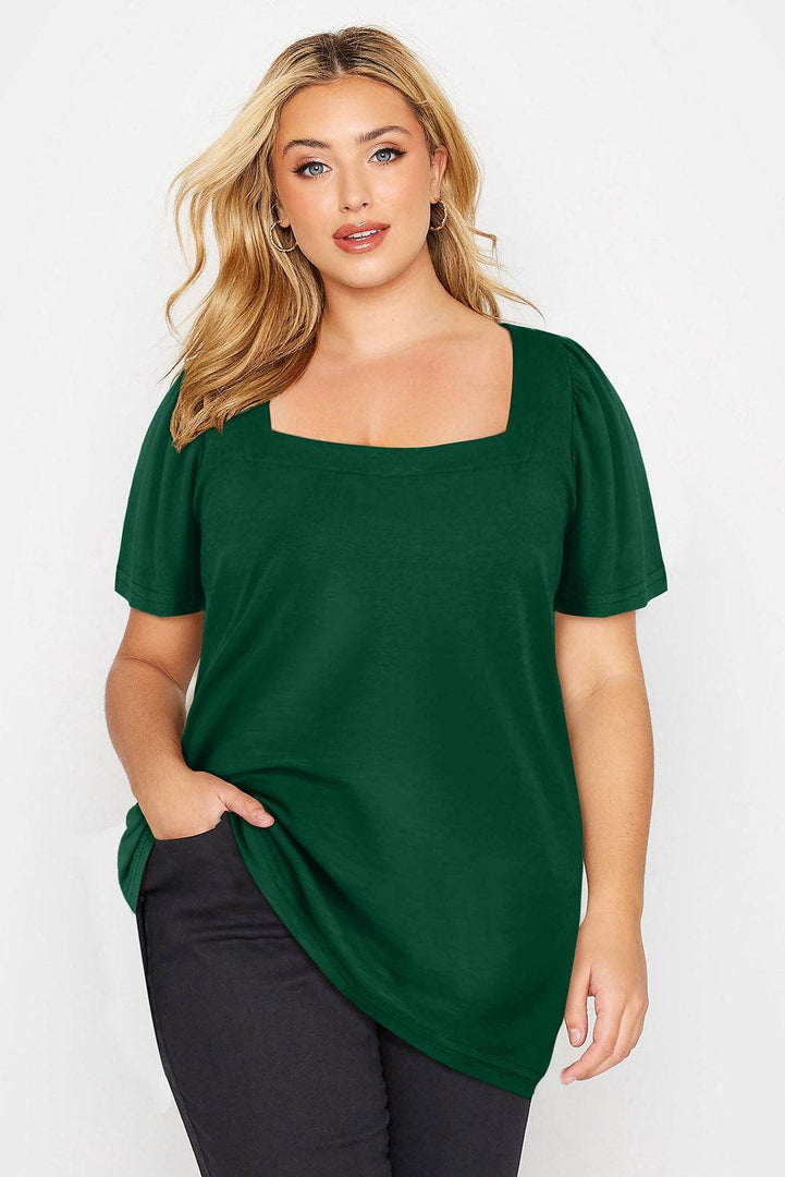 Black Plus Size Square Neck Ruched Shoulder Short Sleeve Top - Fashion Queen -  29