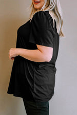 Load image into Gallery viewer, Black Plus Size Square Neck Ruched Shoulder Short Sleeve Top - Fashion Queen -  3
