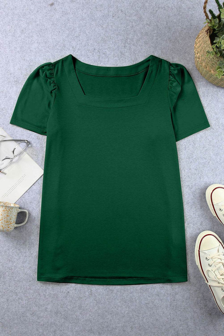 Black Plus Size Square Neck Ruched Shoulder Short Sleeve Top - Fashion Queen -  30