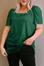 Load image into Gallery viewer, Black Plus Size Square Neck Ruched Shoulder Short Sleeve Top - Fashion Queen -  4
