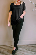 Load image into Gallery viewer, Black Plus Size Square Neck Ruched Shoulder Short Sleeve Top - Fashion Queen -  8
