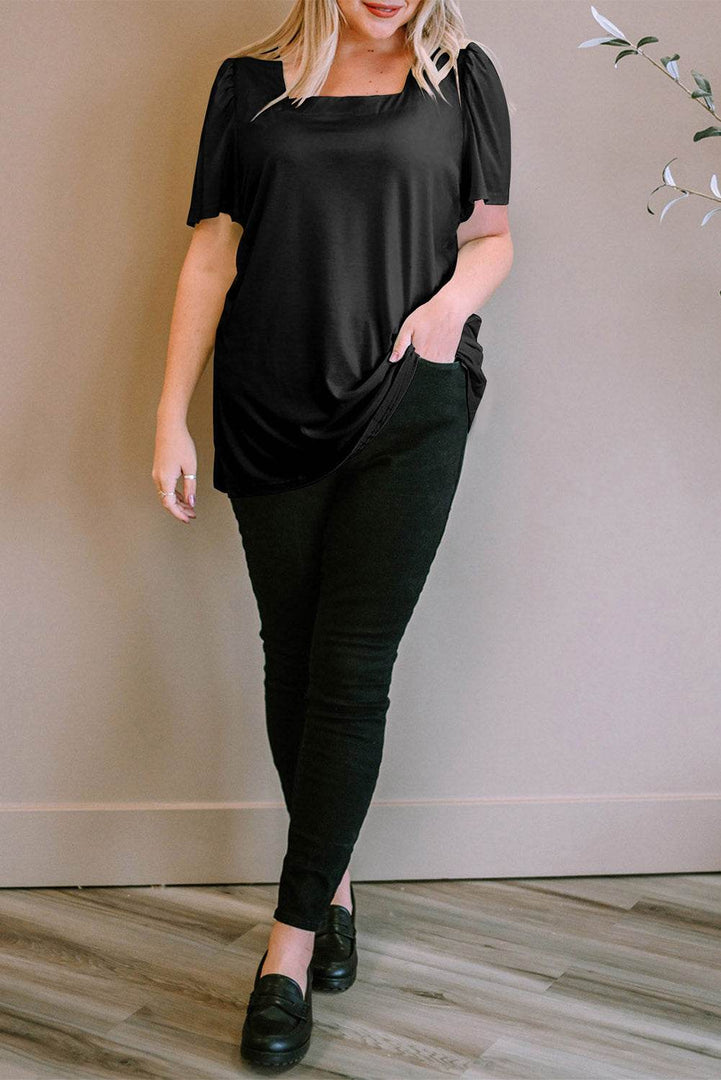 Black Plus Size Square Neck Ruched Shoulder Short Sleeve Top - Fashion Queen -  8
