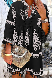 Black Plus Size Western Floral Print Fringed V Neck Dress - Fashion Queen -  1