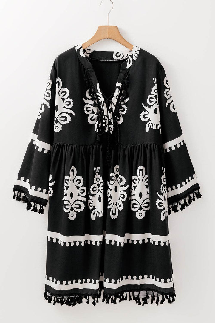 Black Plus Size Western Floral Print Fringed V Neck Dress - Fashion Queen -  4