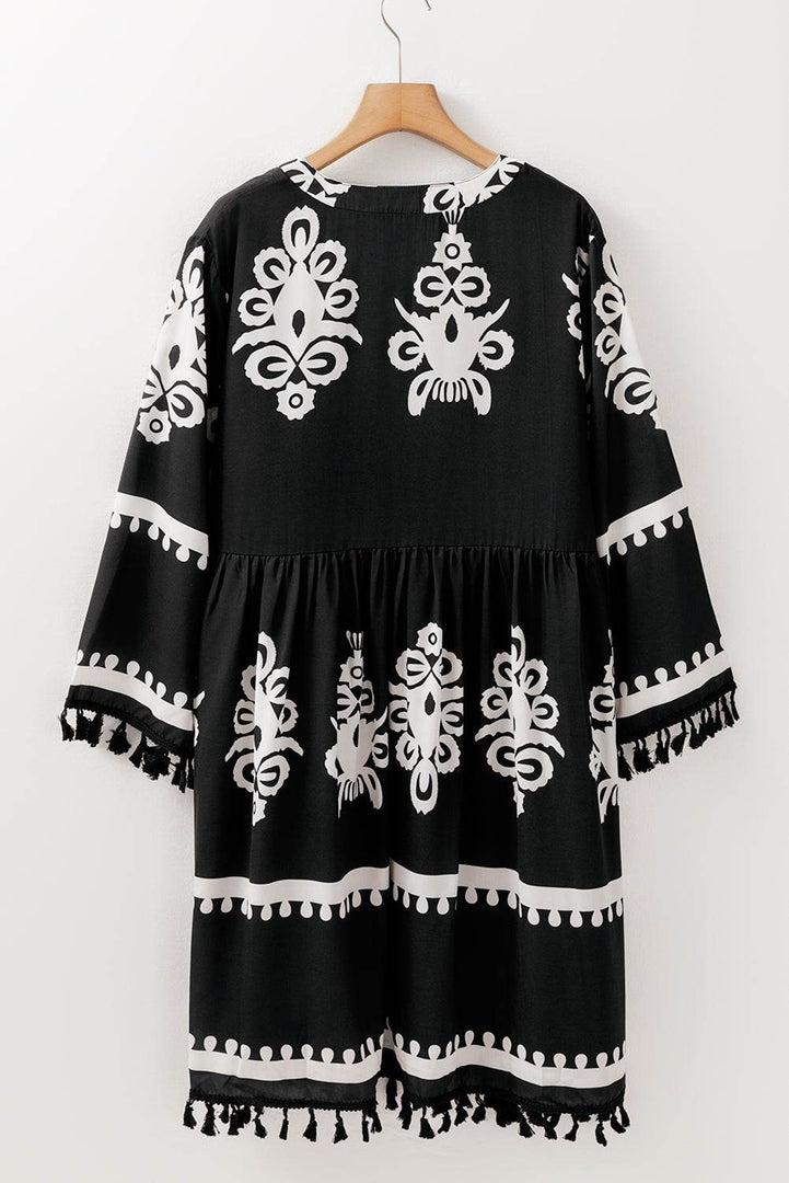 Black Plus Size Western Floral Print Fringed V Neck Dress - Fashion Queen -  5