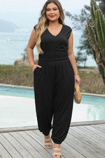 Load image into Gallery viewer, Black Plus Smocked High Waist Sleeveless V Neck Jumpsuit - Fashion Queen -  1
