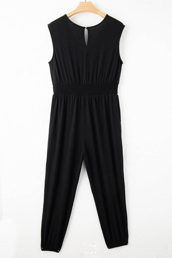 Black Plus Smocked High Waist Sleeveless V Neck Jumpsuit - Fashion Queen -  10