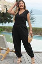 Load image into Gallery viewer, Black Plus Smocked High Waist Sleeveless V Neck Jumpsuit - Fashion Queen -  6
