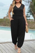 Load image into Gallery viewer, Black Plus Smocked High Waist Sleeveless V Neck Jumpsuit - Fashion Queen -  7
