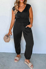 Load image into Gallery viewer, Black Plus Smocked High Waist Sleeveless V Neck Jumpsuit - Fashion Queen -  8
