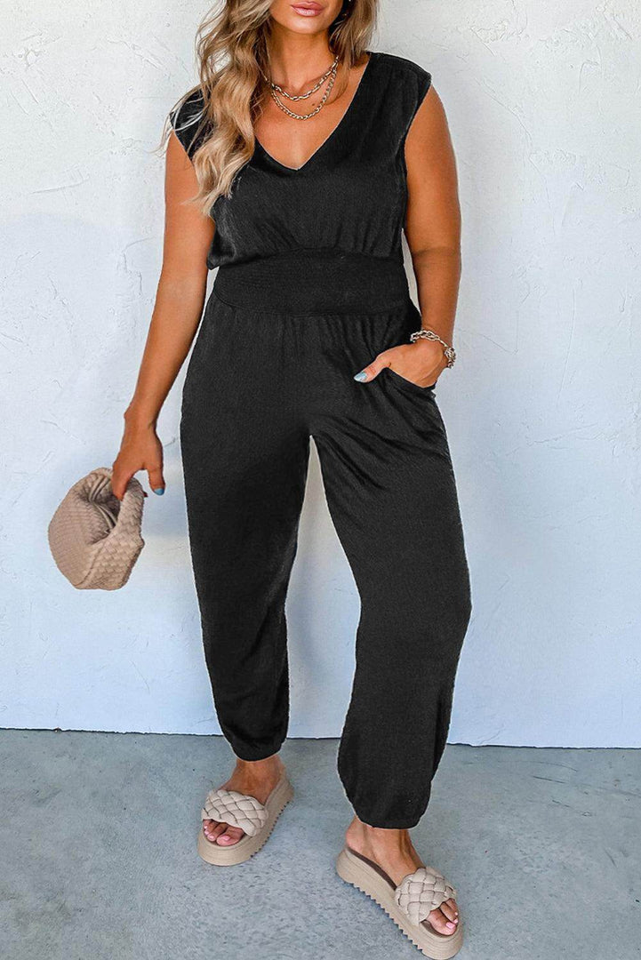 Black Plus Smocked High Waist Sleeveless V Neck Jumpsuit - Fashion Queen -  8