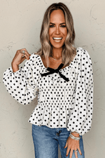 Load image into Gallery viewer, Black Polka Dot Puff Sleeve Bow Square Neck Peplum Top - Fashion Queen -  10
