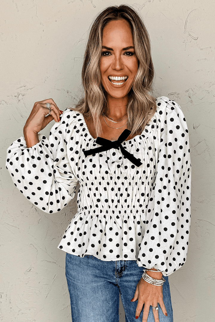 Black Polka Dot Puff Sleeve Bow Square Neck Peplum Top - Fashion Queen -  10