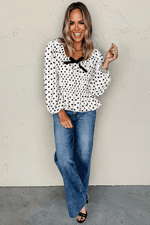 Load image into Gallery viewer, Black Polka Dot Puff Sleeve Bow Square Neck Peplum Top - Fashion Queen -  11
