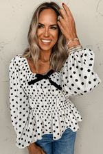 Load image into Gallery viewer, Black Polka Dot Puff Sleeve Bow Square Neck Peplum Top - Fashion Queen -  12
