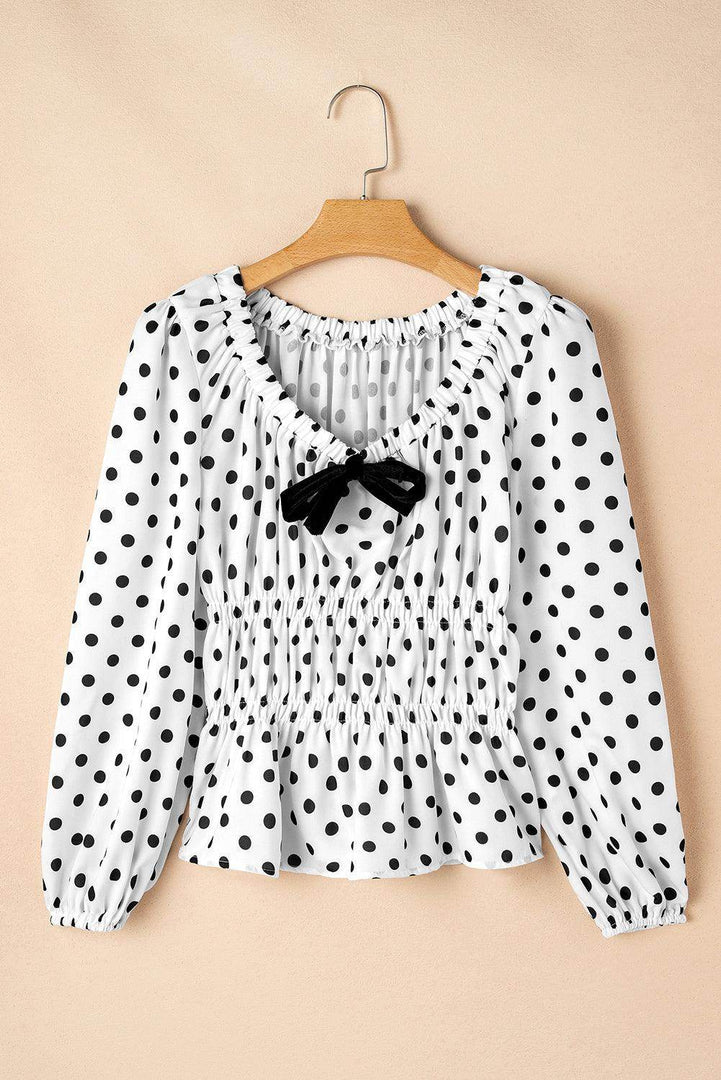 Black Polka Dot Puff Sleeve Bow Square Neck Peplum Top - Fashion Queen -  13