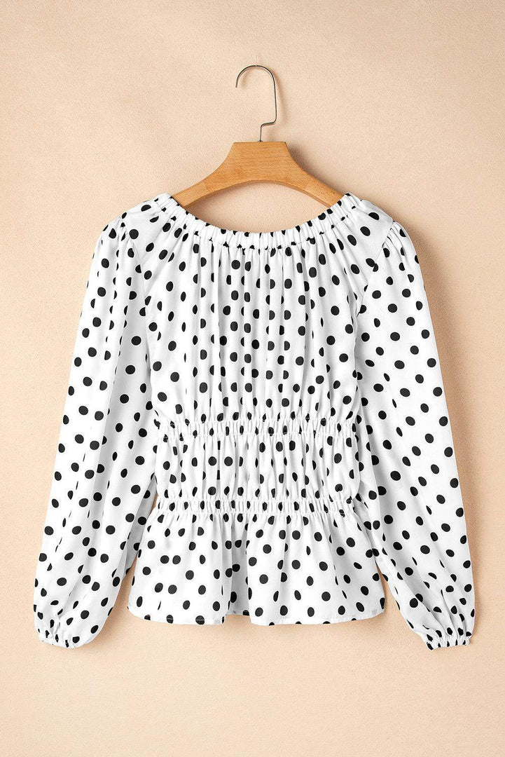 Black Polka Dot Puff Sleeve Bow Square Neck Peplum Top - Fashion Queen -  14