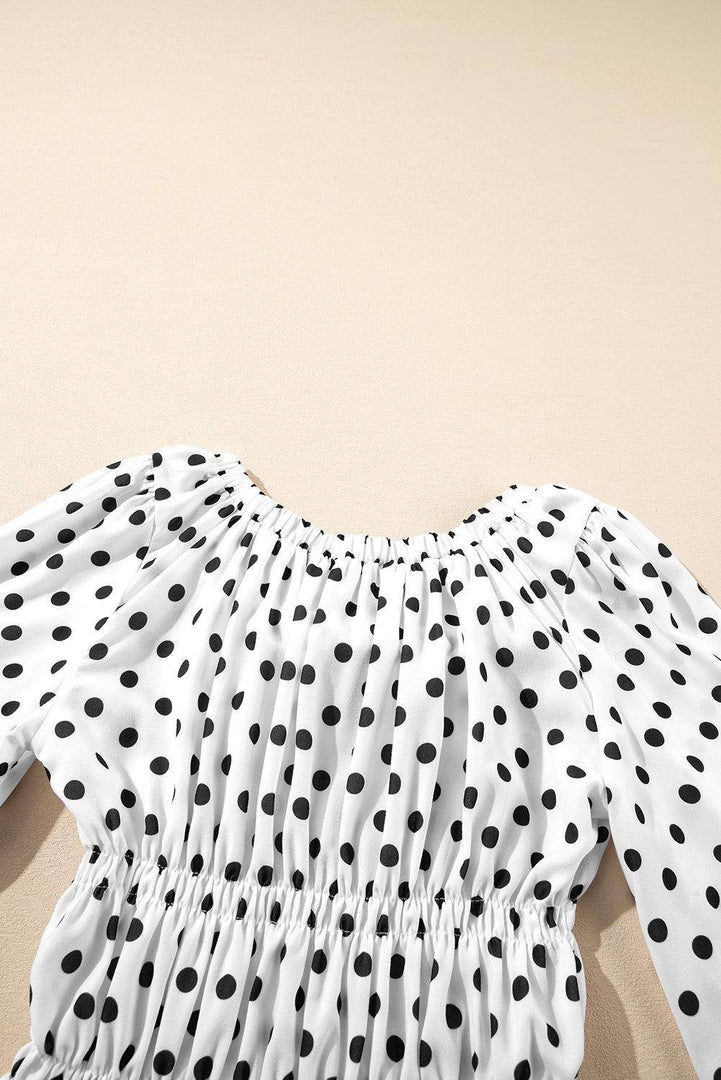 Black Polka Dot Puff Sleeve Bow Square Neck Peplum Top - Fashion Queen -  16