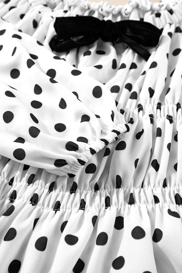 Black Polka Dot Puff Sleeve Bow Square Neck Peplum Top - Fashion Queen -  17