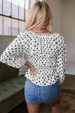 Load image into Gallery viewer, Black Polka Dot Puff Sleeve Bow Square Neck Peplum Top - Fashion Queen -  2
