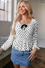 Load image into Gallery viewer, Black Polka Dot Puff Sleeve Bow Square Neck Peplum Top - Fashion Queen -  5
