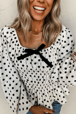 Load image into Gallery viewer, Black Polka Dot Puff Sleeve Bow Square Neck Peplum Top - Fashion Queen -  8
