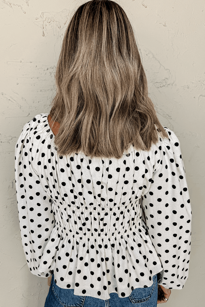 Black Polka Dot Puff Sleeve Bow Square Neck Peplum Top - Fashion Queen -  9