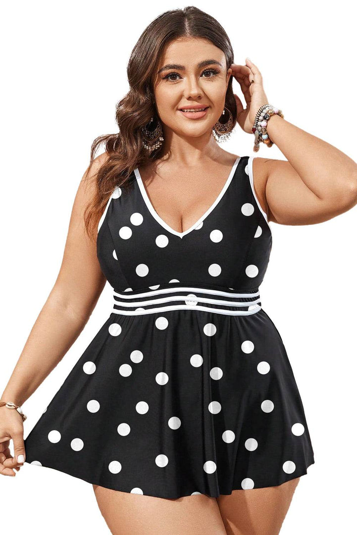 Black Polka Dot Trim V Neck Plus Size Swim Dress - Fashion Queen -  10
