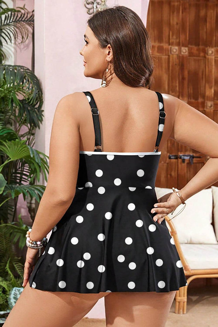 Black Polka Dot Trim V Neck Plus Size Swim Dress - Fashion Queen -  12