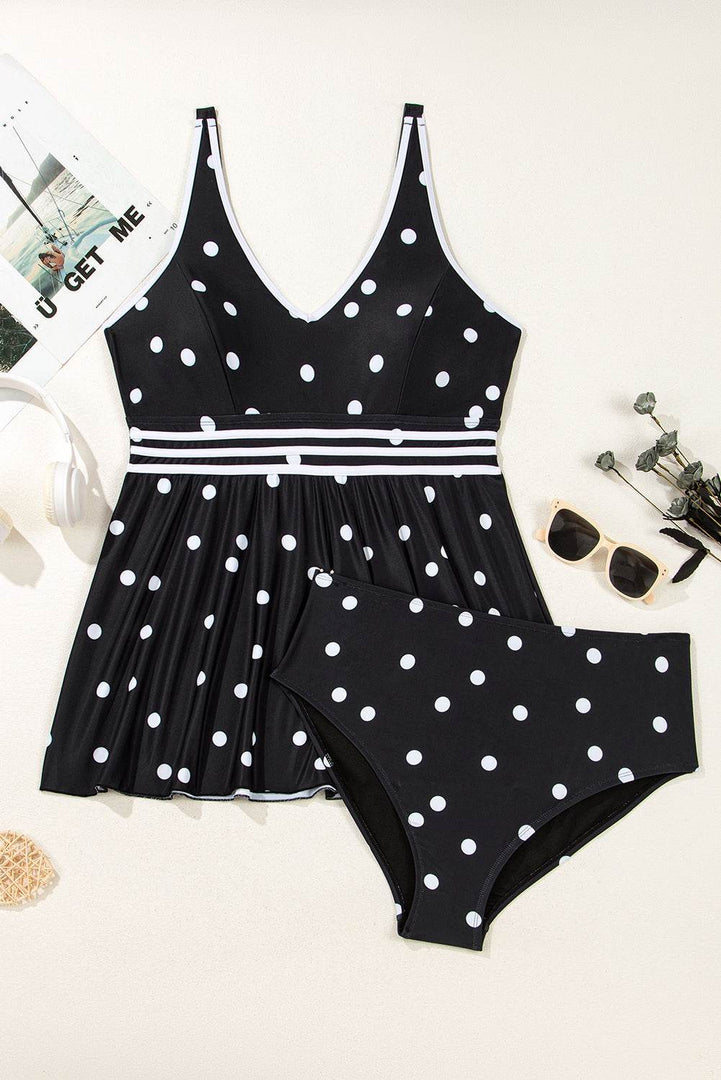 Black Polka Dot Trim V Neck Plus Size Swim Dress - Fashion Queen -  14