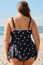 Load image into Gallery viewer, Black Polka Dot Trim V Neck Plus Size Swim Dress - Fashion Queen -  2
