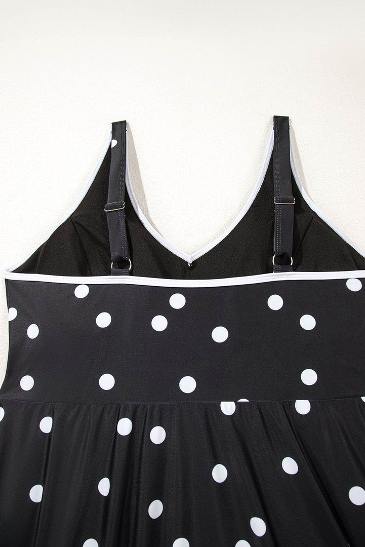 Black Polka Dot Trim V Neck Plus Size Swim Dress - Fashion Queen -  23