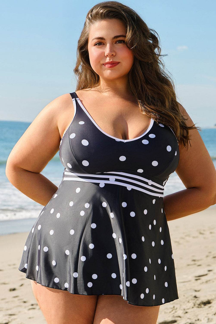 Black Polka Dot Trim V Neck Plus Size Swim Dress - Fashion Queen -  6