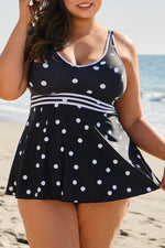 Load image into Gallery viewer, Black Polka Dot Trim V Neck Plus Size Swim Dress - Fashion Queen -  8
