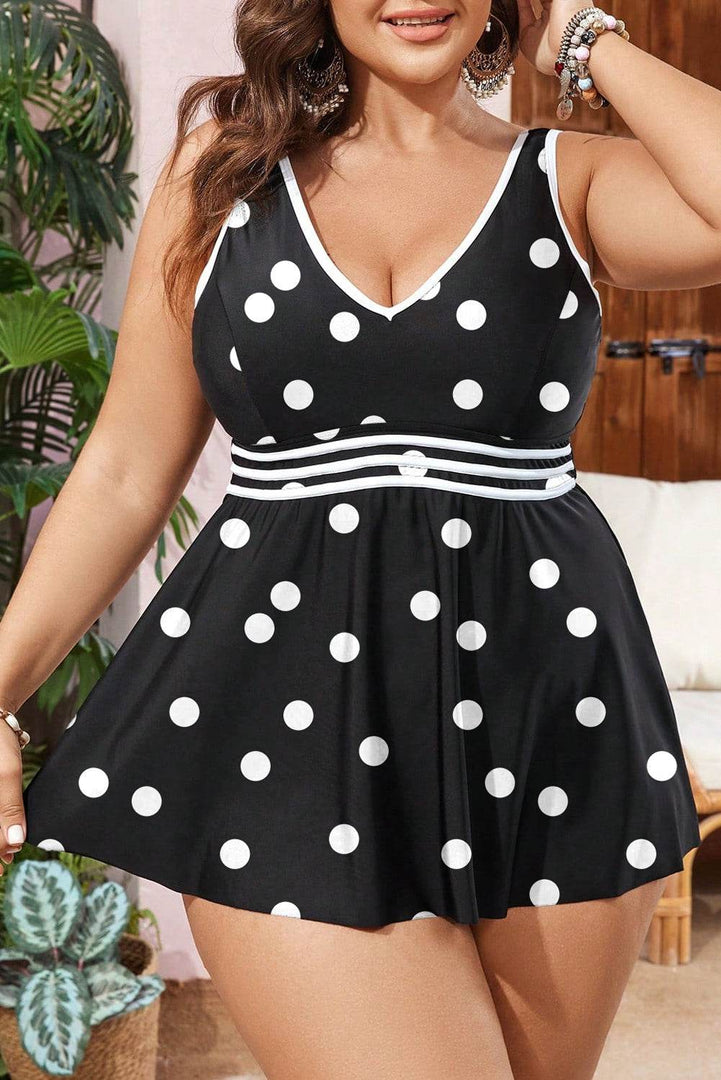 Black Polka Dot Trim V Neck Plus Size Swim Dress - Fashion Queen -  9