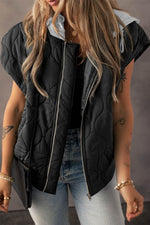 Load image into Gallery viewer, Black Quilted Drawstring Hooded Zip Up Puffer Vest - Fashion Queen -  1

