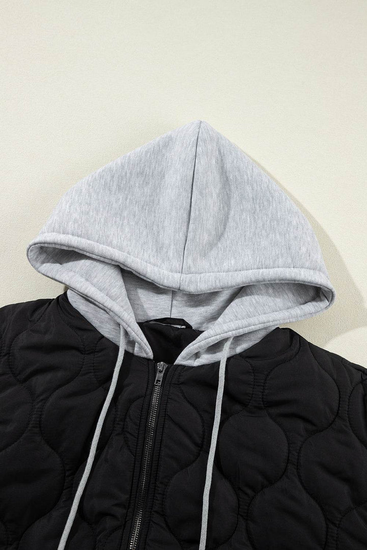 Black Quilted Drawstring Hooded Zip Up Puffer Vest - Fashion Queen -  10