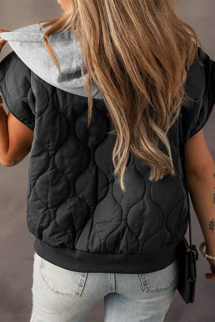 Black Quilted Drawstring Hooded Zip Up Puffer Vest - Fashion Queen -  2