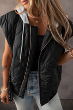 Load image into Gallery viewer, Black Quilted Drawstring Hooded Zip Up Puffer Vest - Fashion Queen -  3
