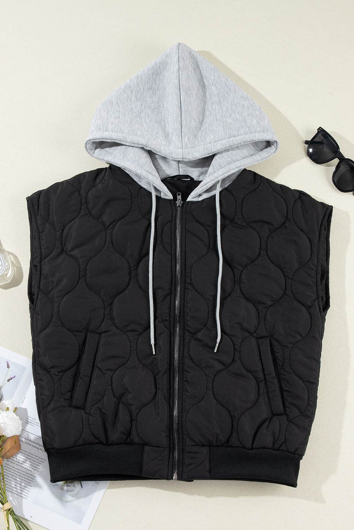 Black Quilted Drawstring Hooded Zip Up Puffer Vest - Fashion Queen -  7