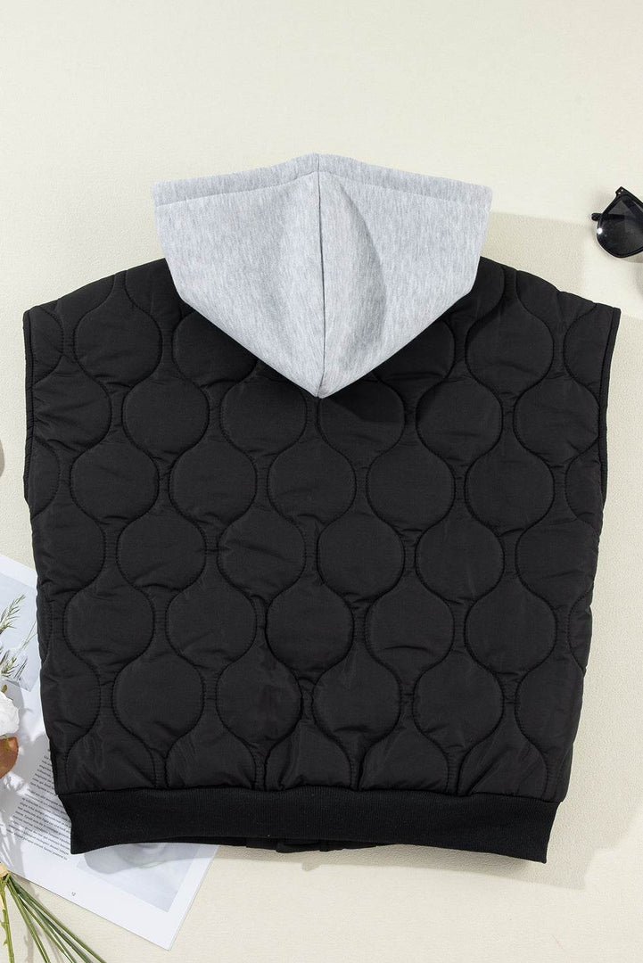 Black Quilted Drawstring Hooded Zip Up Puffer Vest - Fashion Queen -  8