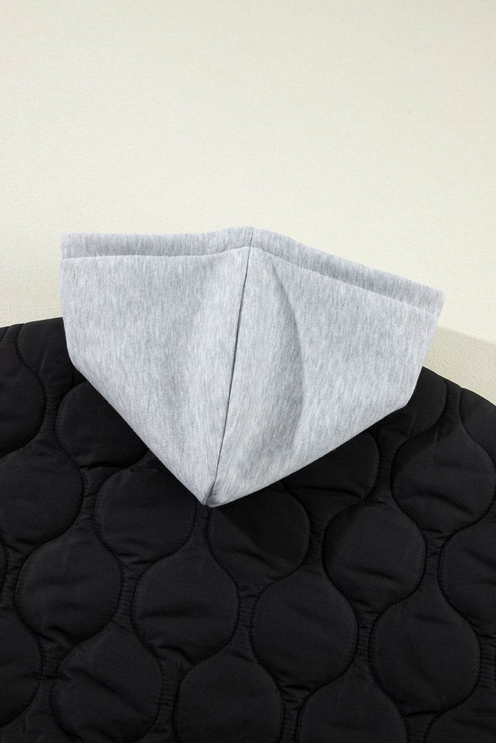 Black Quilted Drawstring Hooded Zip Up Puffer Vest - Fashion Queen -  9