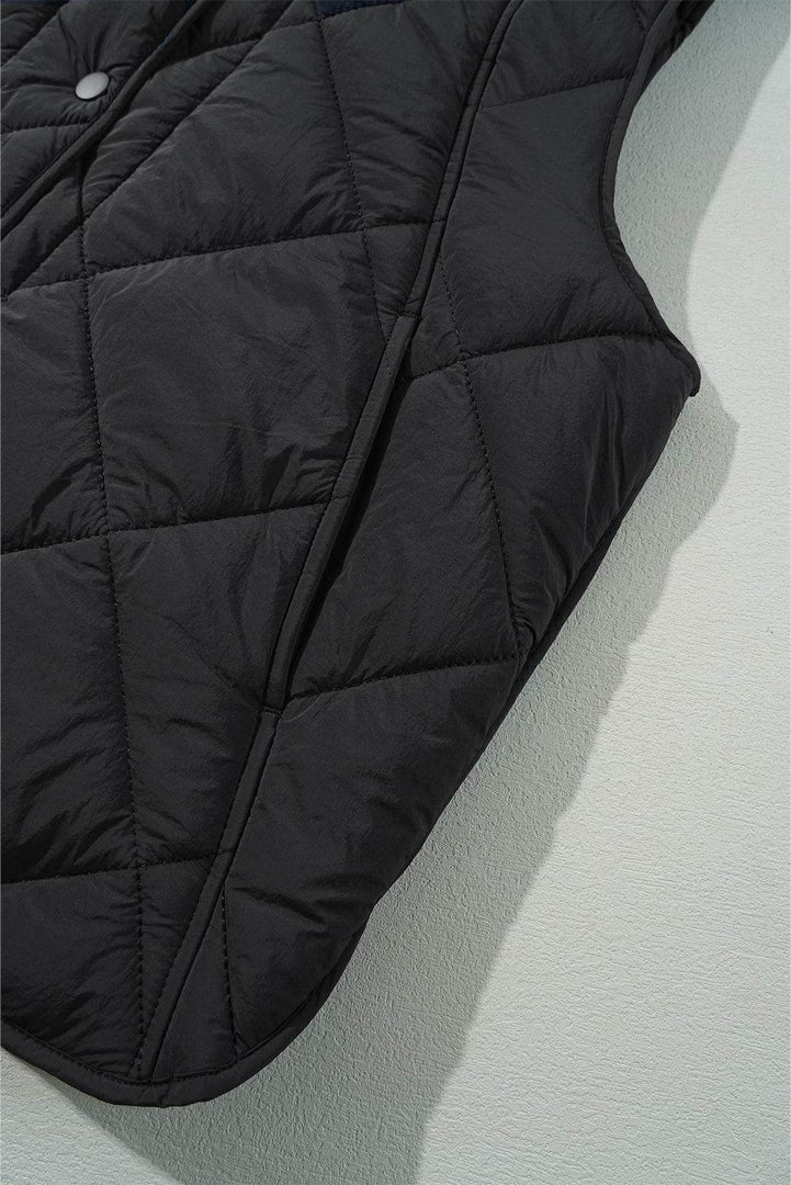 Black Quilted High Neck Button Up Pocket Vest Coat - Fashion Queen -  10