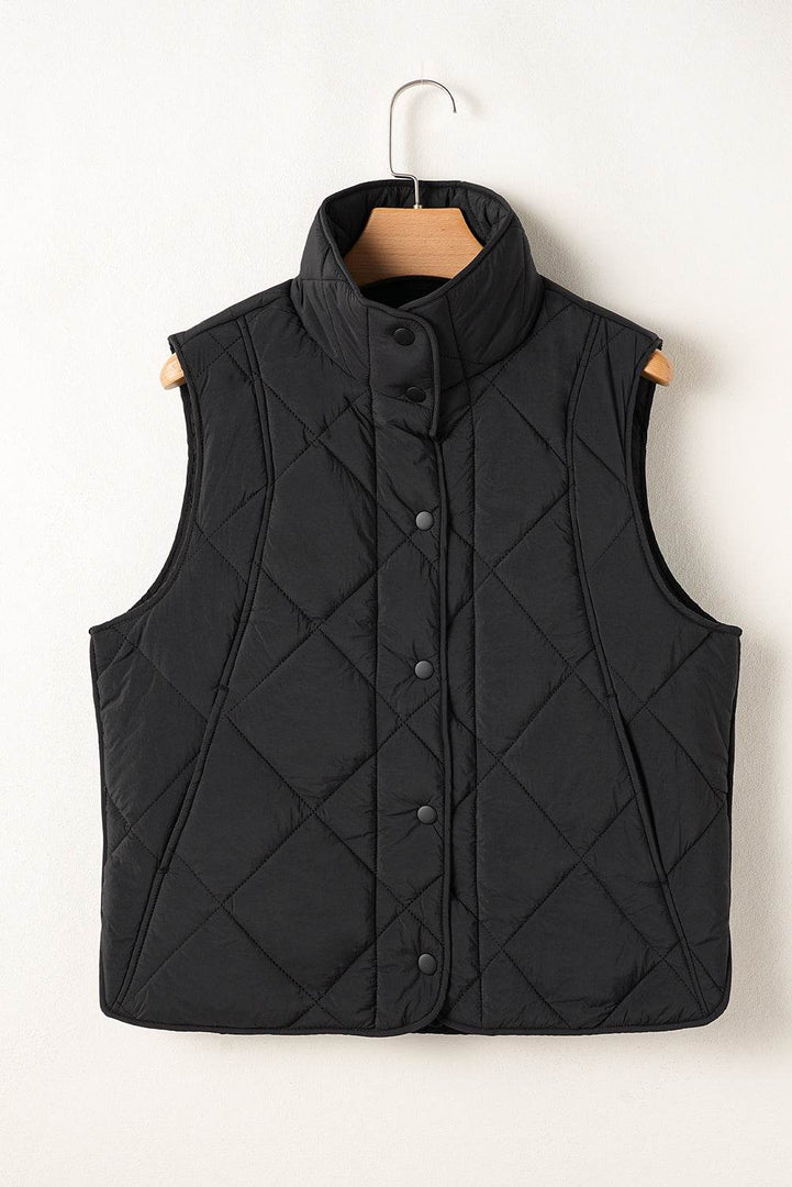 Black Quilted High Neck Button Up Pocket Vest Coat - Fashion Queen -  3