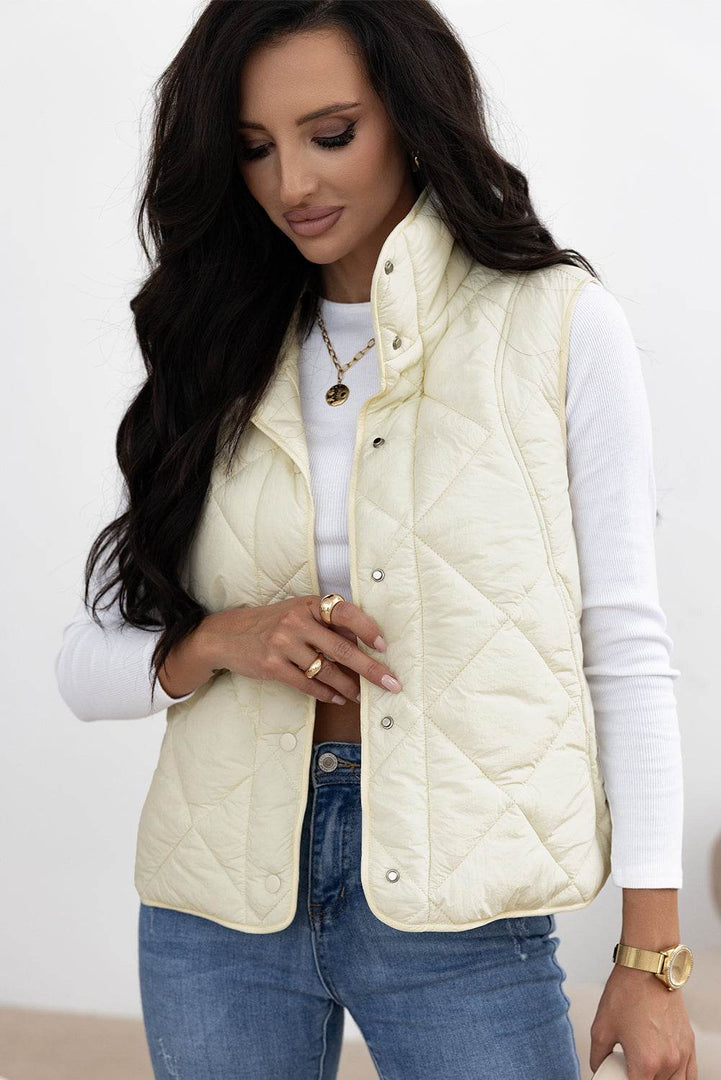 Black Quilted High Neck Button Up Pocket Vest Coat - Fashion Queen -  4