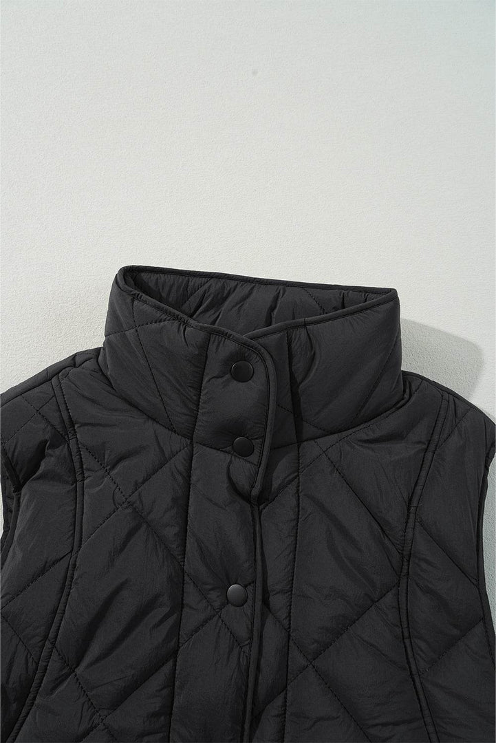 Black Quilted High Neck Button Up Pocket Vest Coat - Fashion Queen -  8